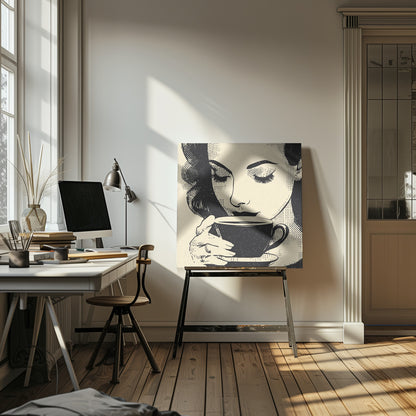 A pop art style illustration of a woman with dark hair and long eyelashes, her eyes closed as she holds a black coffee cup and saucer. The image uses a halftone dot pattern common in retro comics, set against a cream-colored background and framed in light wood. Print