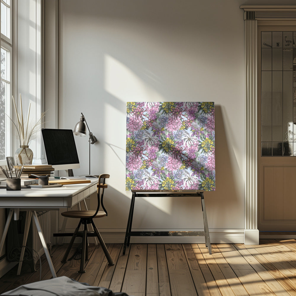 A framed artwork displaying a dense, repeating floral pattern with detailed illustrations of pink, purple, blue, white, and yellow flowers on a light blue background, encased in a simple light wood frame. Decor