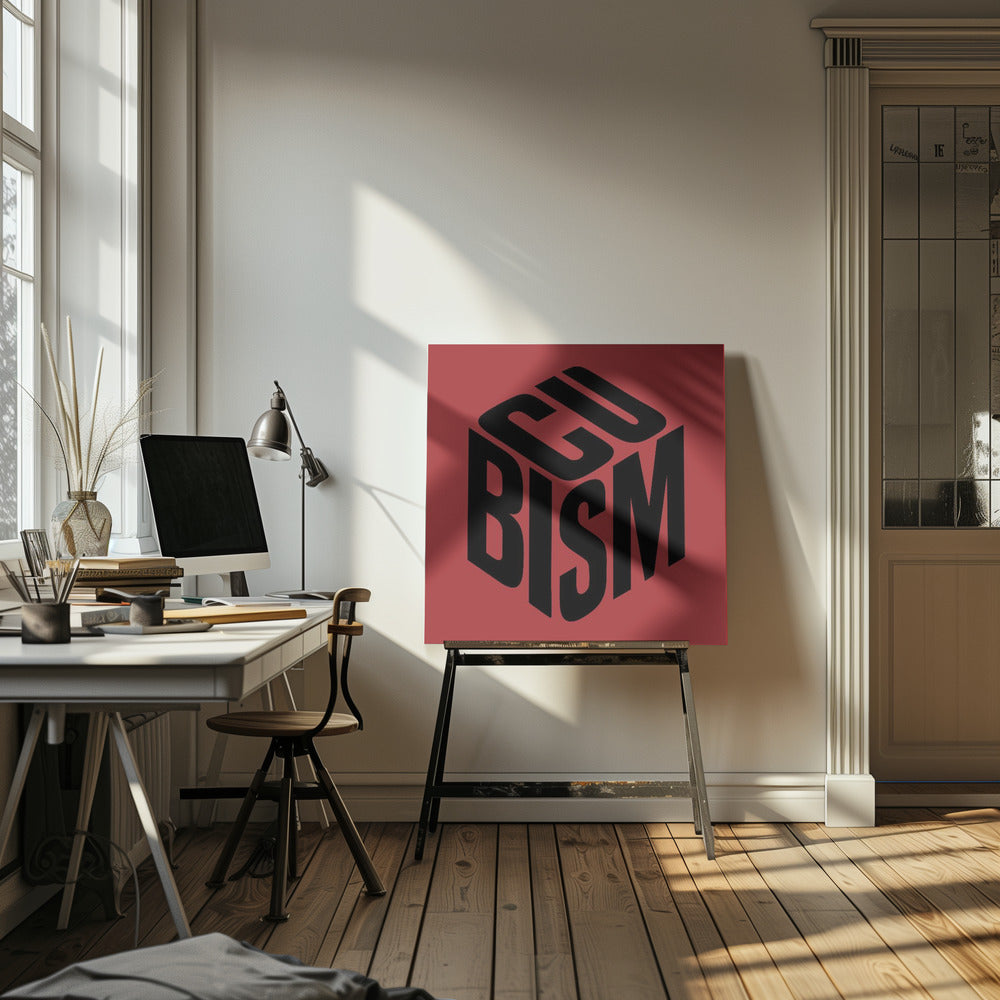 A graphic art print with a deep red background in a light wood frame. In the center, the word 'CUBISM' is rendered in bold black letters, arranged to form the three visible sides of an isometric cube. 'CU' is on the top face, 'BI' is on the left face, and 'SM' is on the right face. Artwork