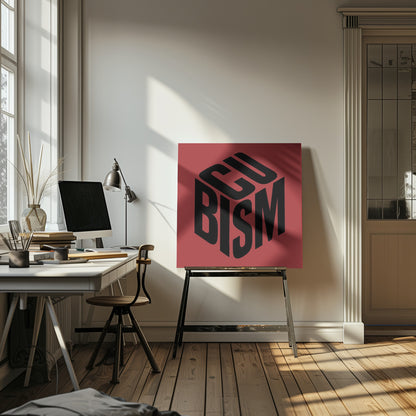 A graphic art print with a deep red background in a light wood frame. In the center, the word 'CUBISM' is rendered in bold black letters, arranged to form the three visible sides of an isometric cube. 'CU' is on the top face, 'BI' is on the left face, and 'SM' is on the right face. Artwork
