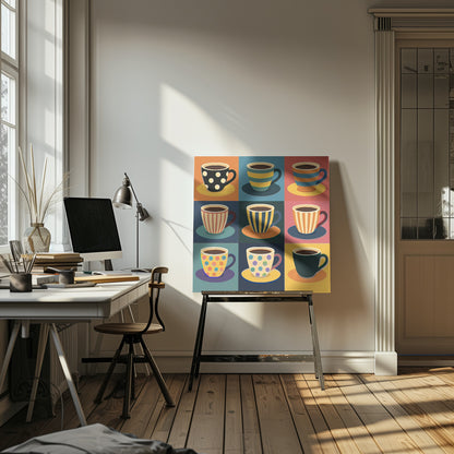 A framed pop art style illustration of nine coffee cups arranged in a 3x3 grid, each with a unique colorful pattern of stripes or polka dots against a different colored background square. Decor