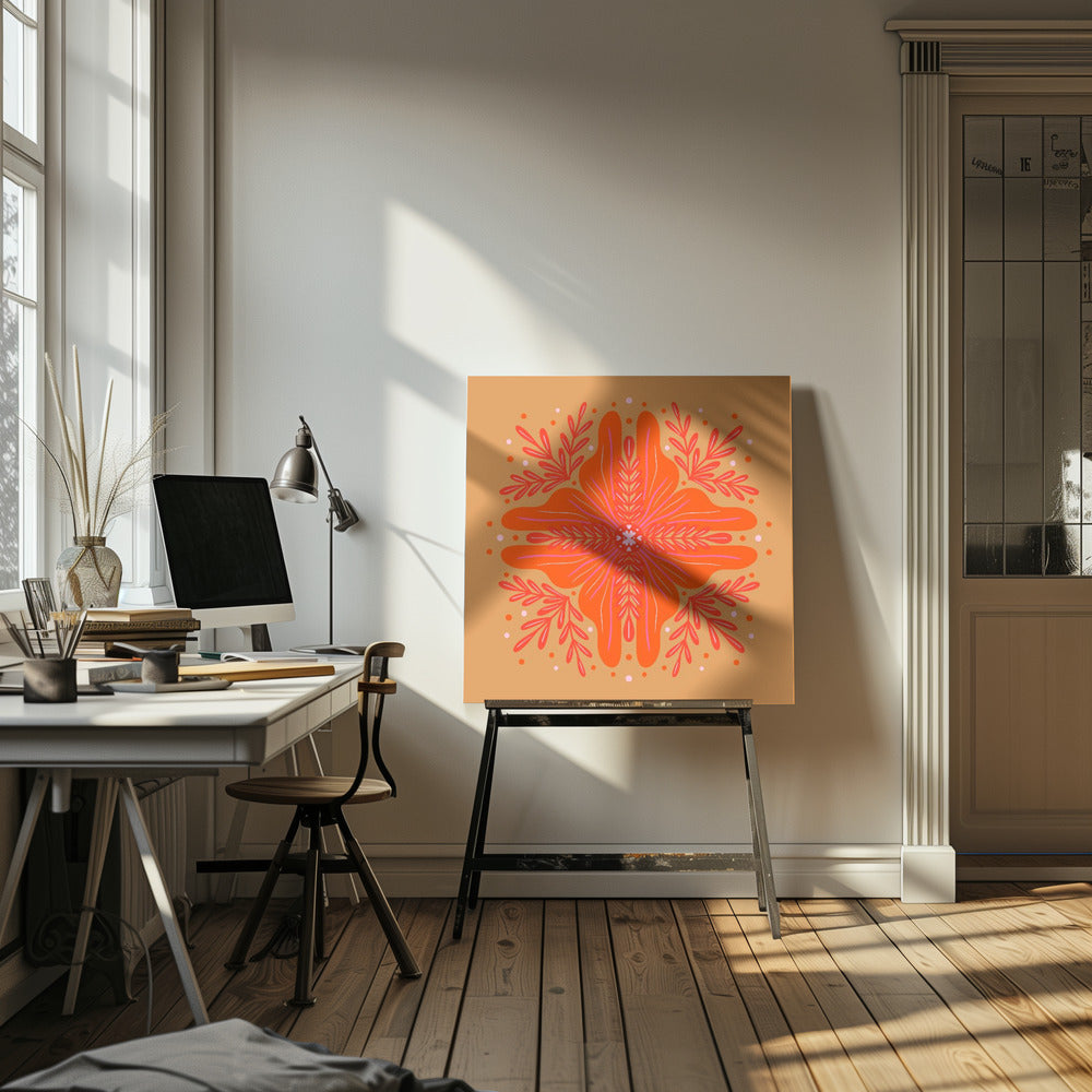 A square, framed artwork featuring a symmetrical, abstract floral design in the style of a mandala. The central element is a vibrant orange flower with intricate pink and red details, set against a warm, mustard-orange background. The design is surrounded by red leafy branches and decorative dots. Decor