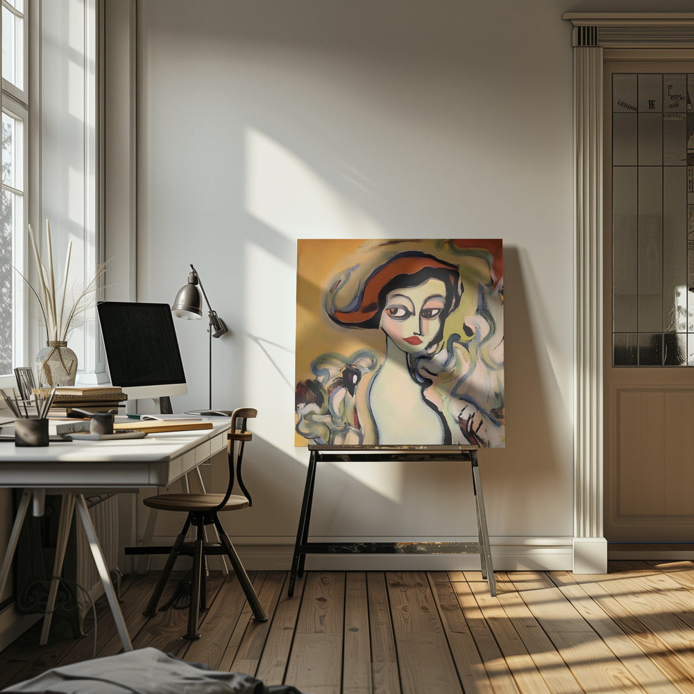 An abstract portrait painting of a woman with pale green skin, large dark eyes, and red lips, wearing a vibrant orange hat. The background is a warm yellow, and she is surrounded by swirling, expressive brushstrokes in shades of blue, green, and white. The painting is enclosed in a light-colored wooden frame. Wall Art