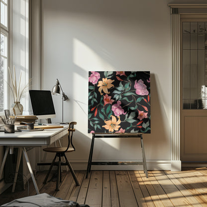 A watercolor floral pattern featuring pink peonies, orange lilies, and green leaves intertwined on a dark black background, all framed by a light wood border. Poster