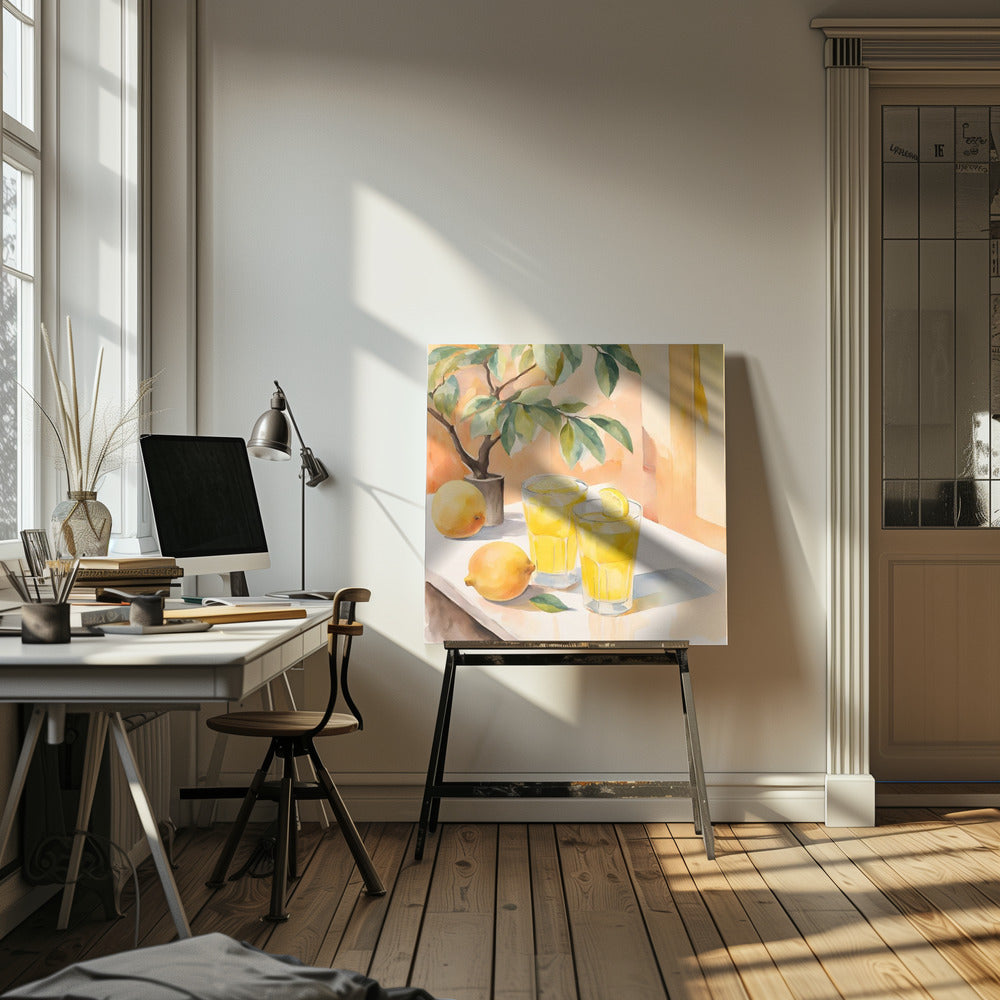 A watercolor painting in a light wood frame depicting a sunny still life. On a white table sit two glasses of yellow lemonade, garnished with lemon slices. Two whole lemons rest nearby, along with a small potted lemon tree with green leaves. The background is a warm, sunlit peach-colored wall. Poster