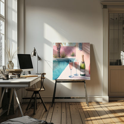 A watercolor illustration of a bottle of champagne and two glasses of rosé resting on the edge of a bright turquoise swimming pool. In the background, a pink wall is adorned with a palm tree, creating a sunny, luxurious vacation scene, all presented in a light wood frame. Artwork