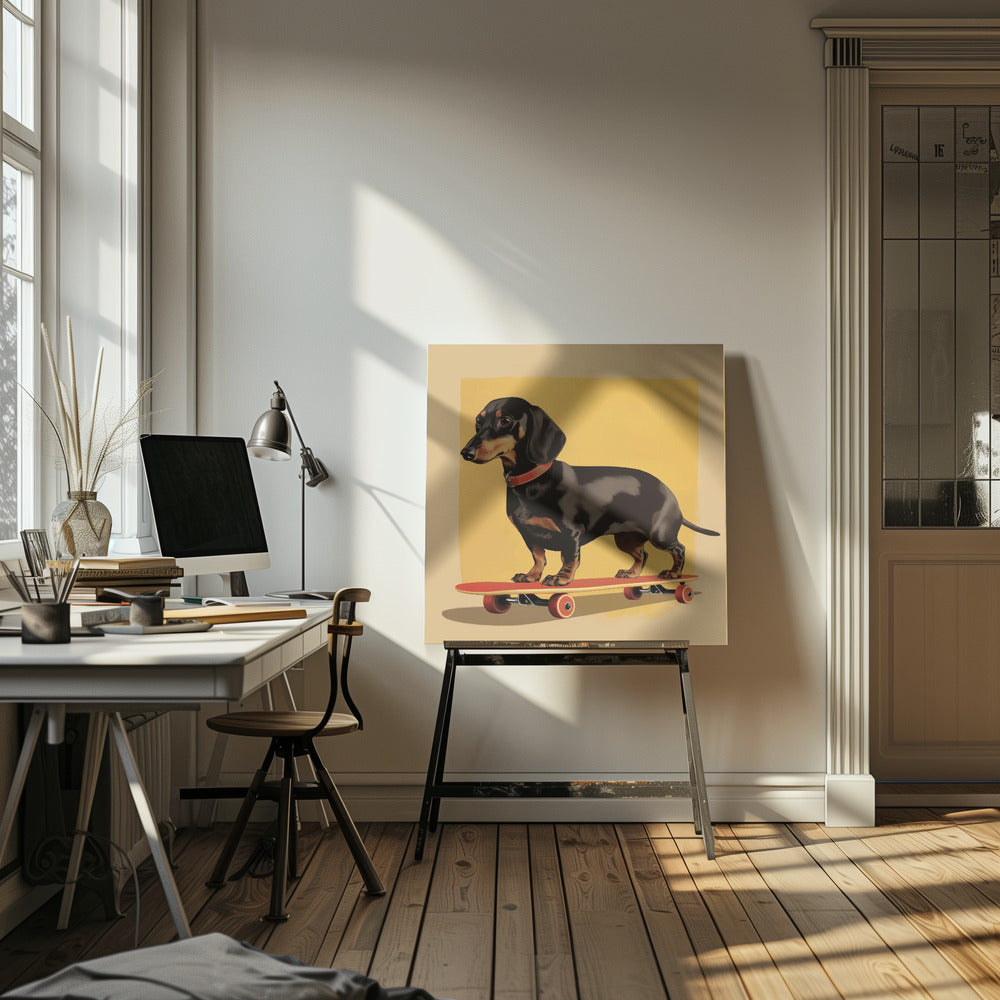An illustration of a black and tan dachshund standing on a red skateboard against a mustard yellow background. The dog is in profile, wearing a red collar, and the artwork is shown in a light wood frame. Poster