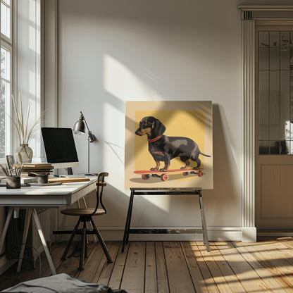 An illustration of a black and tan dachshund standing on a red skateboard against a mustard yellow background. The dog is in profile, wearing a red collar, and the artwork is shown in a light wood frame. Poster