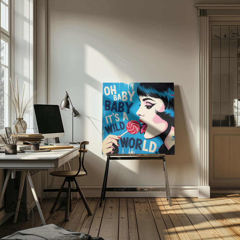 A pop art illustration of a woman with blue-black hair in profile, licking a red and white swirled lollipop against a bright blue background with the text 'OH BABY BABY IT'S A WILD WORLD'. Print
