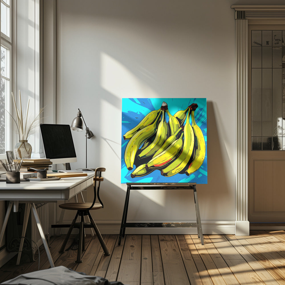 A vibrant pop art illustration of a large bunch of yellow-green bananas against a bright, textured blue background, all enclosed in a simple light wood frame. Decor