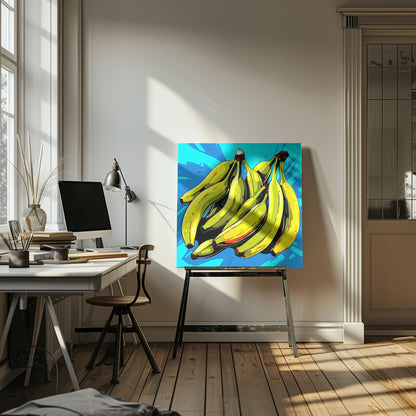 A vibrant pop art illustration of a large bunch of yellow-green bananas against a bright, textured blue background, all enclosed in a simple light wood frame. Decor