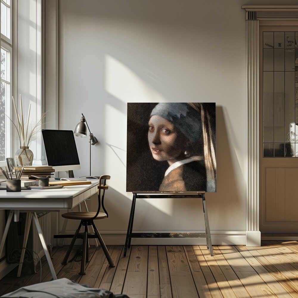 A framed oil painting parody of Vermeer's 'Girl with a Pearl Earring,' reimagined as a vampire. The girl has pale, cracked skin, glowing red eyes, and visible fangs as she gazes back over her shoulder. The classic blue and yellow turban and pearl earring contrast with the dark, gothic alteration. Wall Art