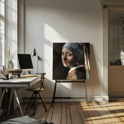 A framed oil painting parody of Vermeer's 'Girl with a Pearl Earring,' reimagined as a vampire. The girl has pale, cracked skin, glowing red eyes, and visible fangs as she gazes back over her shoulder. The classic blue and yellow turban and pearl earring contrast with the dark, gothic alteration. Wall Art