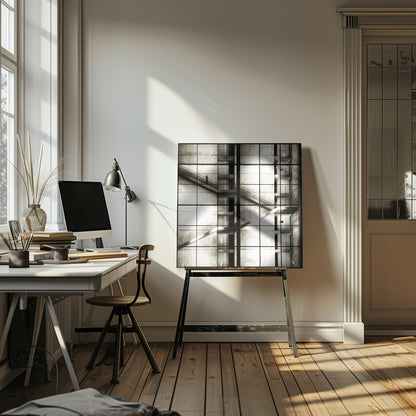 A framed black and white photograph of a modern concrete building's interior, seen through a grid of window panes. The image captures multiple levels of staircases and walkways crisscrossing in a complex, geometric pattern. A shadowy, blurred figure of a person can be seen walking up a staircase on the upper left. Wall Art