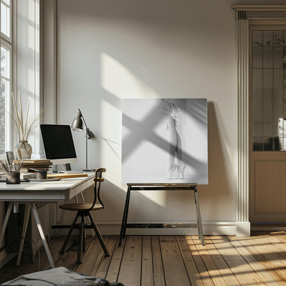 A framed, grainy black and white photograph of a dancer's legs and feet. The dancer stands on tiptoes against a white wall, wearing a delicate lace skirt. Poster