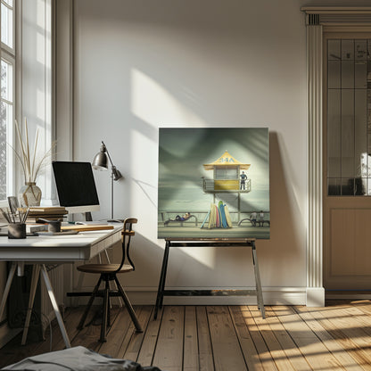 A vintage-style photograph of a yellow lifeguard tower labeled '34A' on a beach boardwalk under an overcast, greenish sky. A lifeguard in a wetsuit stands on the balcony, while a collection of colorful surfboards leans against the base. People are seen relaxing on benches nearby. Print
