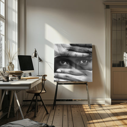 A powerful black and white close-up photograph of a person's face, framed in light wood. Their hands cover most of their face, one over the forehead and the other over the mouth, revealing only their intense, striking eyes that gaze directly forward. Print