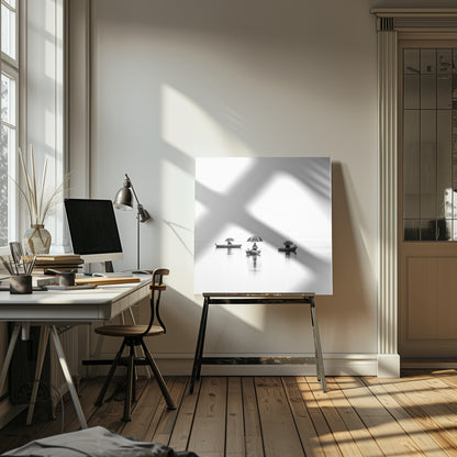 A minimalist black and white photograph of three fishermen in small boats on a calm, misty lake, each holding an umbrella. The image is framed in light wood. Artwork