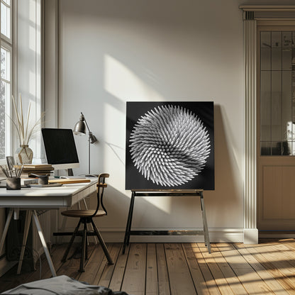 A framed, black and white, top-down macro photograph of a dense, circular bundle of wooden toothpicks. The points of the toothpicks radiate outwards in a swirling, spiral pattern, creating a highly textured and spiky sphere against a solid black background. Artwork