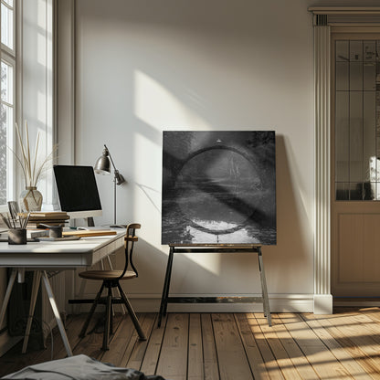 A framed black and white photograph of a ballerina in a white tutu standing at the peak of a semi-circular stone bridge. The bridge and the ballerina are perfectly reflected in the still water below, creating a full circle. The scene is set in a dark, misty forest, giving it a surreal and moody atmosphere. Artwork