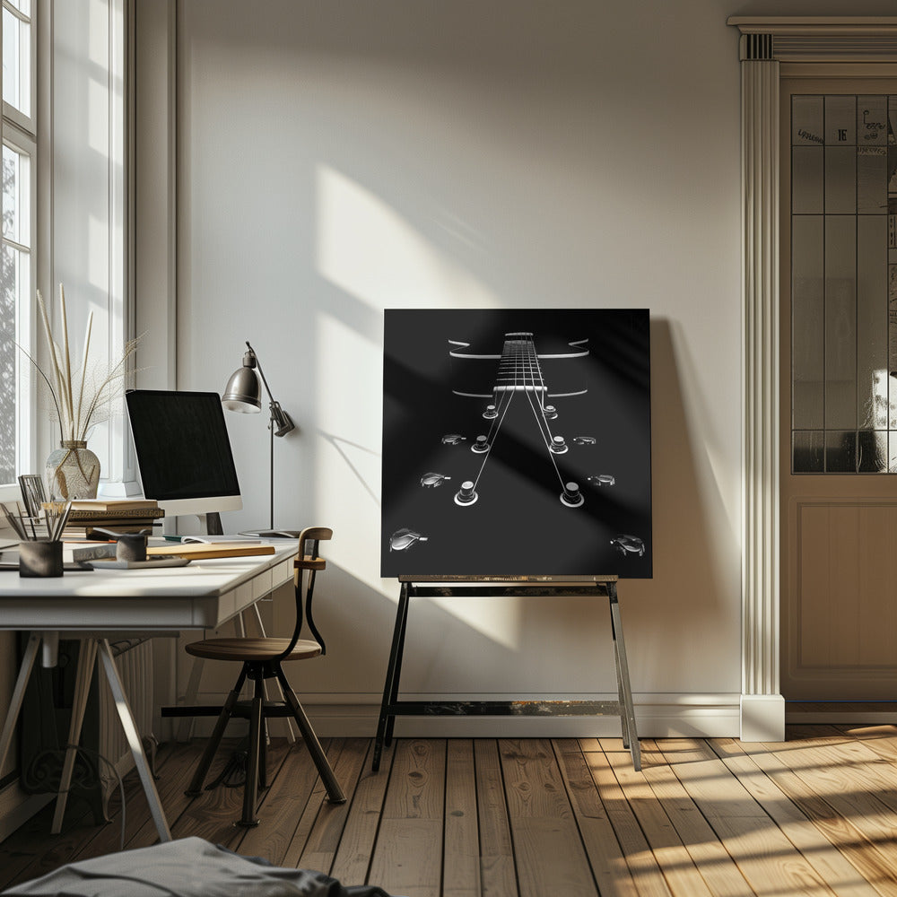 A dramatic, low-angle, black and white photograph of an electric guitar. The perspective looks up from the headstock, with the shiny tuning pegs and strings creating strong leading lines towards the fretboard and body, which are outlined in white against a solid black background. Poster