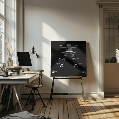 A dramatic, low-angle, black and white photograph of an electric guitar. The perspective looks up from the headstock, with the shiny tuning pegs and strings creating strong leading lines towards the fretboard and body, which are outlined in white against a solid black background. Poster