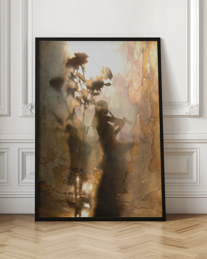 An abstract, dreamlike artwork featuring the dark silhouettes of a person playing the violin and a vase of roses against a bright, textured, and reflective background with warm tones of brown, gold, and bronze. The piece has a weathered, vintage appearance and is set in a thin black frame. Print