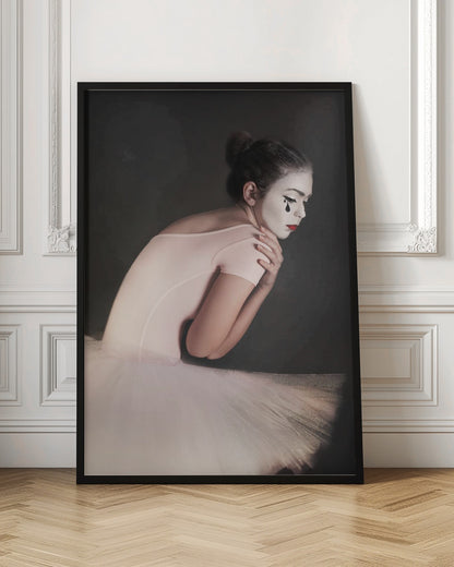 A portrait of a sad ballerina with white mime makeup and a black teardrop painted on her cheek, wearing a pink leotard and white tutu against a dark gray background. Artwork
