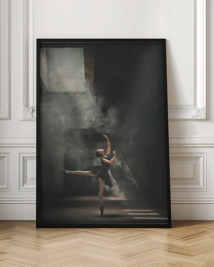 A ballerina in a black tutu gracefully performs an arabesque in a vast, dark, industrial space filled with smoke, dramatically illuminated by shafts of light from above. Poster