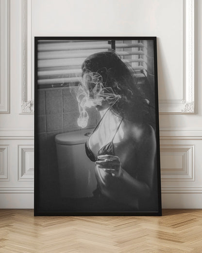 A black and white photograph of a woman in a bikini top smoking a cigarette in a bathroom. Light from a window with blinds creates dramatic shadows as a thick cloud of smoke obscures her face. Poster