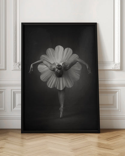 A black and white artistic photograph of a ballerina seen from behind. She is bent forward at the waist, standing en pointe, with her arms extended gracefully to her sides. Her voluminous white tutu is uniquely shaped like the petals of a large flower, creating a striking silhouette against a dark, minimalist background. Print
