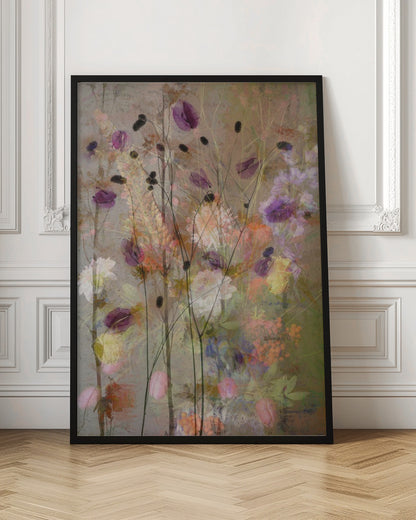 An abstract floral artwork featuring delicate, dark stems with translucent purple petals against a textured, earthy brown background. The composition is layered with soft, blended impressions of wildflowers in shades of pink, orange, yellow, and white, creating a dreamy and ethereal meadow scene. Artwork