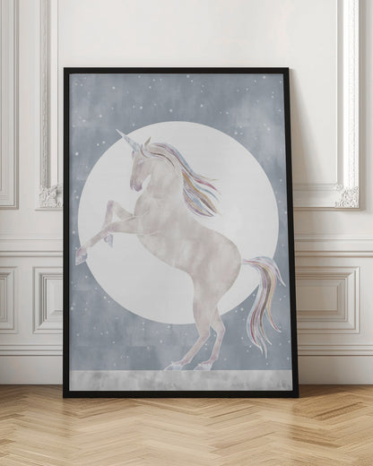 A whimsical illustration of a white unicorn rearing up on its hind legs in front of a large full moon. The unicorn's mane and tail are accented with pastel rainbow colors, set against a dusty blue, star-filled sky. Print