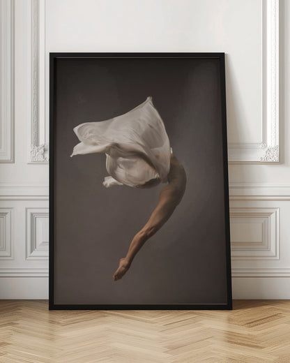 A minimalist fine art photograph of a dancer in mid-air against a solid grey background. The dancer's body is arched backwards, with a large piece of flowing white fabric enveloping their torso and creating a sense of dynamic, weightless motion. Only their muscular leg and pointed foot are clearly visible, emphasizing grace and form. Wall Art