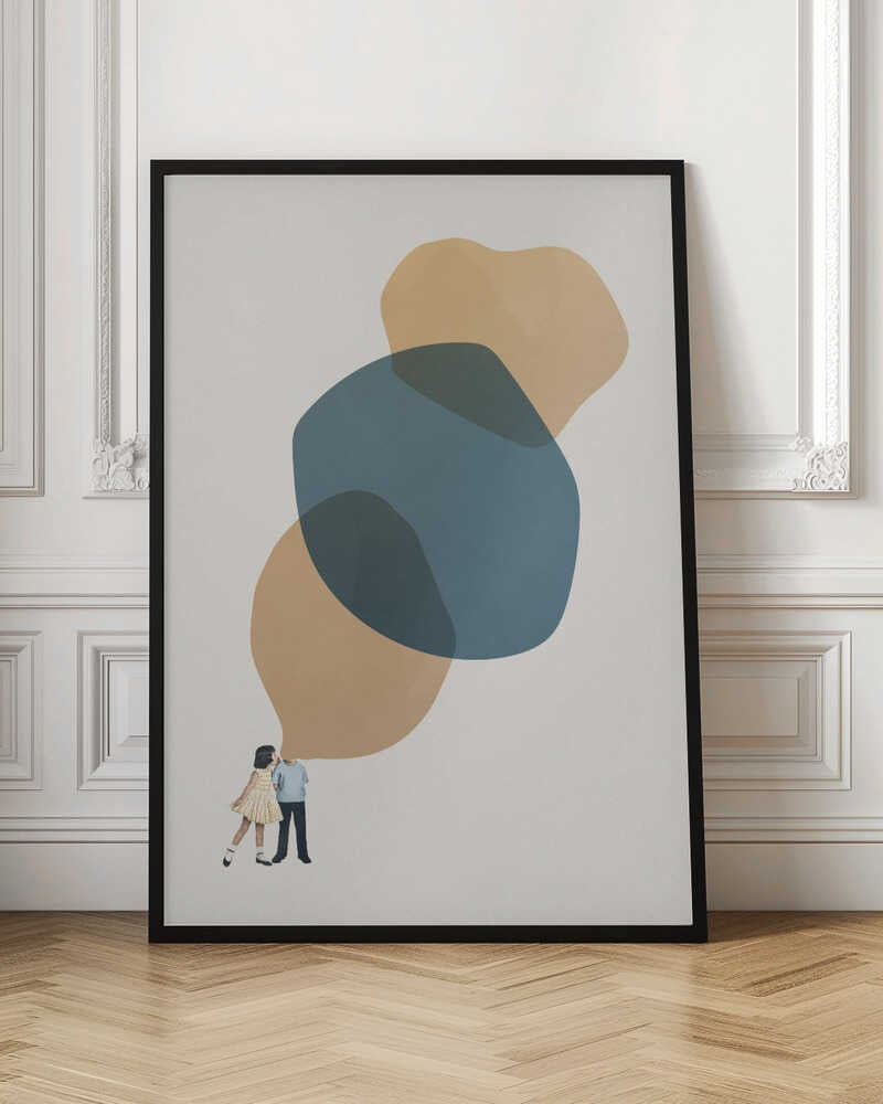 Abstract art with a vintage collage of a kissing couple below large, overlapping blue and beige shapes.
