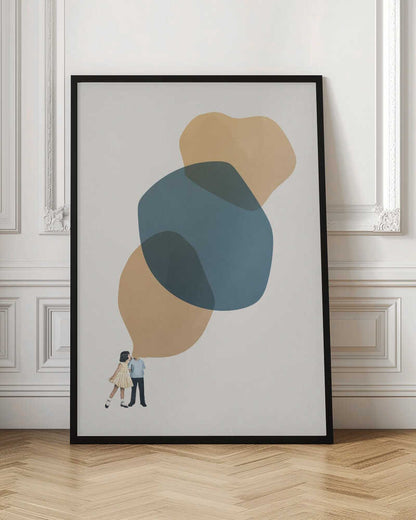 Abstract art with a vintage collage of a kissing couple below large, overlapping blue and beige shapes.