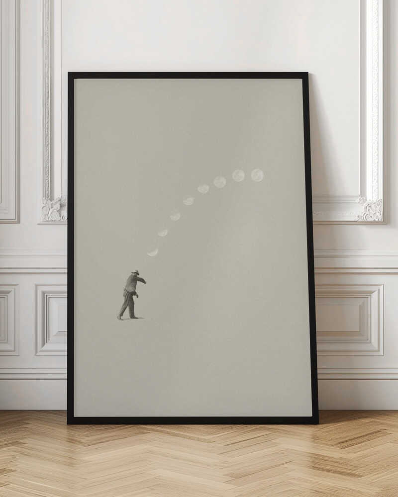 A man tosses the phases of the moon into the sky in a surreal, minimalist art piece.