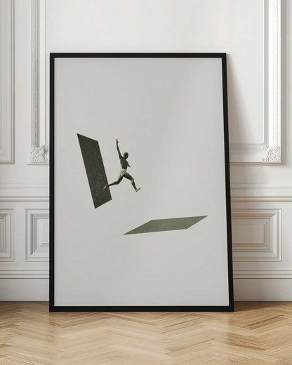 Vintage black and white collage of a person leaping between two geometric shapes.