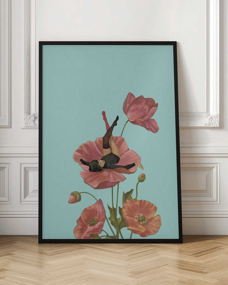 Vintage collage art of a woman in a black leotard relaxing on a large pink poppy against a blue background.