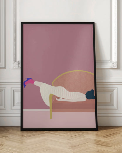 A minimalist illustration of a woman in a white polka-dot dress and a single blue high heel, lounging on a pink couch against a matching pink wall, all within a black frame. Decor