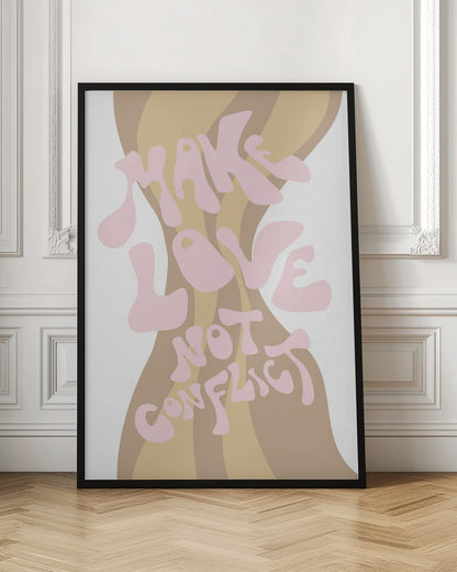 A retro-style art print in a black frame featuring the phrase 'MAKE LOVE NOT CONFLICT' in a groovy, light pink font. The text is superimposed on a wavy, striped background in shades of beige and tan against a white backdrop. Poster