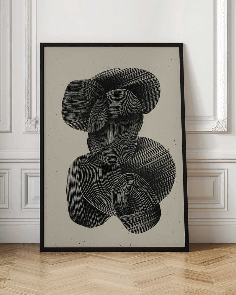 A framed abstract art print featuring a composition of interlocking, rounded organic shapes in black ink against a speckled beige background. The shapes are filled with dense, hand-drawn lines that follow their contours, creating a sense of texture and depth. The artwork is presented within a simple black frame. Wall Art