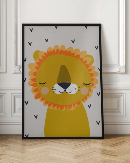 A cute, cartoon illustration of a sleeping lion's head and shoulders. The lion is golden yellow with a fluffy orange and light yellow mane, closed eyes with long lashes, a white muzzle, and pink cheeks. The background is light gray with a pattern of small, dark blue V-shapes. Wall Art
