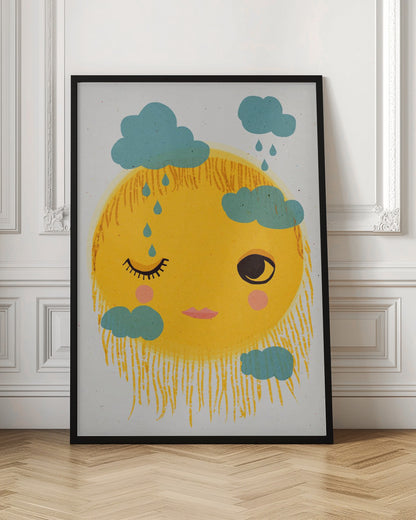 A whimsical illustration of a large, round yellow sun with a friendly face. The sun is winking with one eye, has pink cheeks, and its rays are depicted as a shaggy fringe. Small, stylistic blue clouds float around it, with some dripping blue raindrops. Wall Art