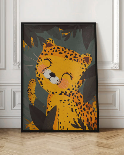 A cute, stylized illustration of a happy leopard with its eyes closed, smiling contentedly. The yellow and black-spotted leopard is surrounded by dark green and black jungle foliage. Decor