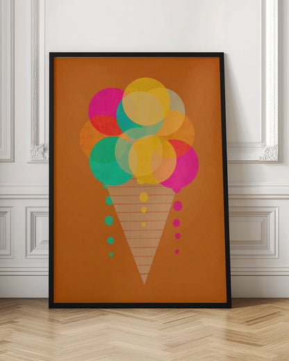 A modern graphic art print of an ice cream cone on a burnt orange background. The ice cream is composed of multiple overlapping, translucent circles in bright pink, yellow, and teal, with drips falling down the sides of a patterned cone. Print