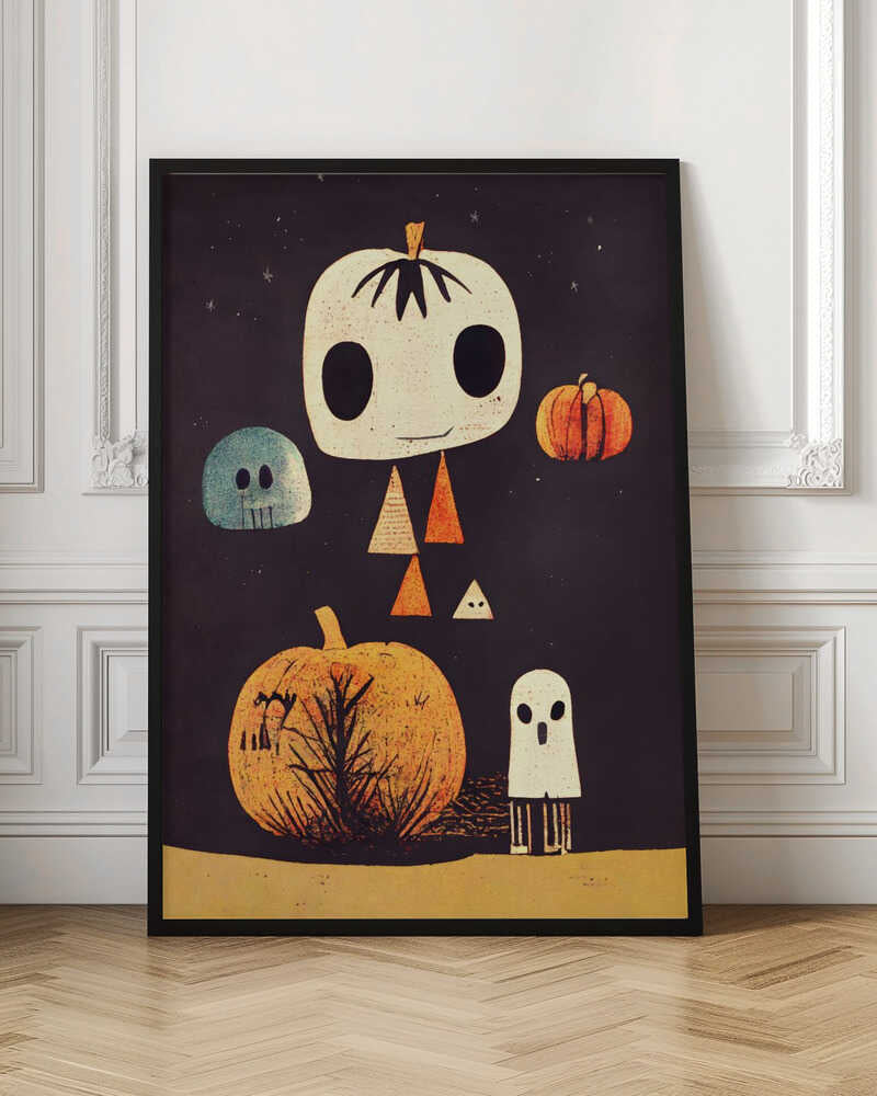 A whimsical Halloween illustration with several stylized characters against a dark starry background. The main figure is a large, cream-colored pumpkin head with big black eyes and a body made of triangles. It is surrounded by a blue skull, a small orange pumpkin, a large orange pumpkin with a tree silhouette, and a small white ghost. Print