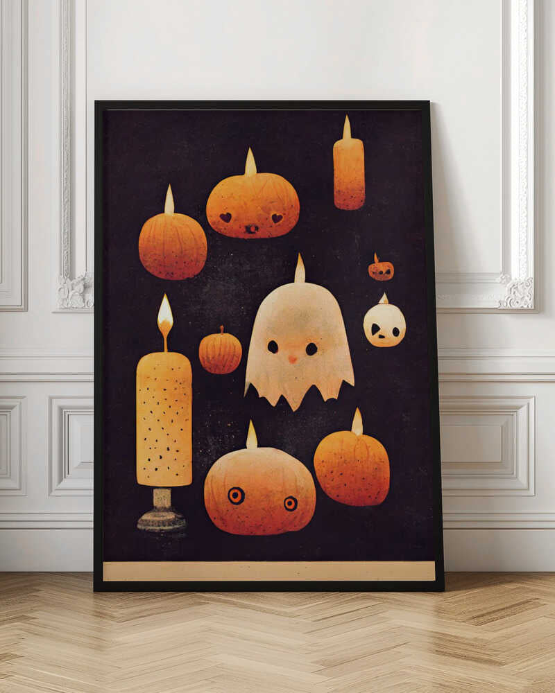 A whimsical Halloween illustration featuring a cute white ghost and several orange pumpkins with carved faces, all lit like candles with flames on their heads. The characters are set against a dark, textured background, creating a charming and spooky scene. Artwork