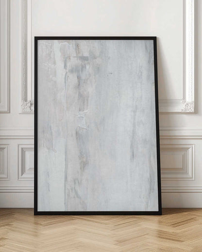 Abstract painting with textured white and grey vertical strokes, creating a distressed, minimalist look.