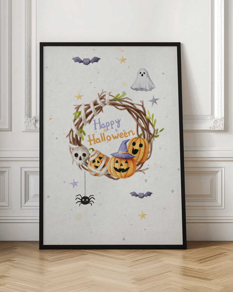 A charming watercolor illustration for Halloween featuring a twig wreath decorated with smiling jack-o'-lanterns, a skull, and the words 'Happy Halloween'. The scene is surrounded by a friendly ghost, bats, a spider, and stars on a light, speckled background, all within a black frame. Decor